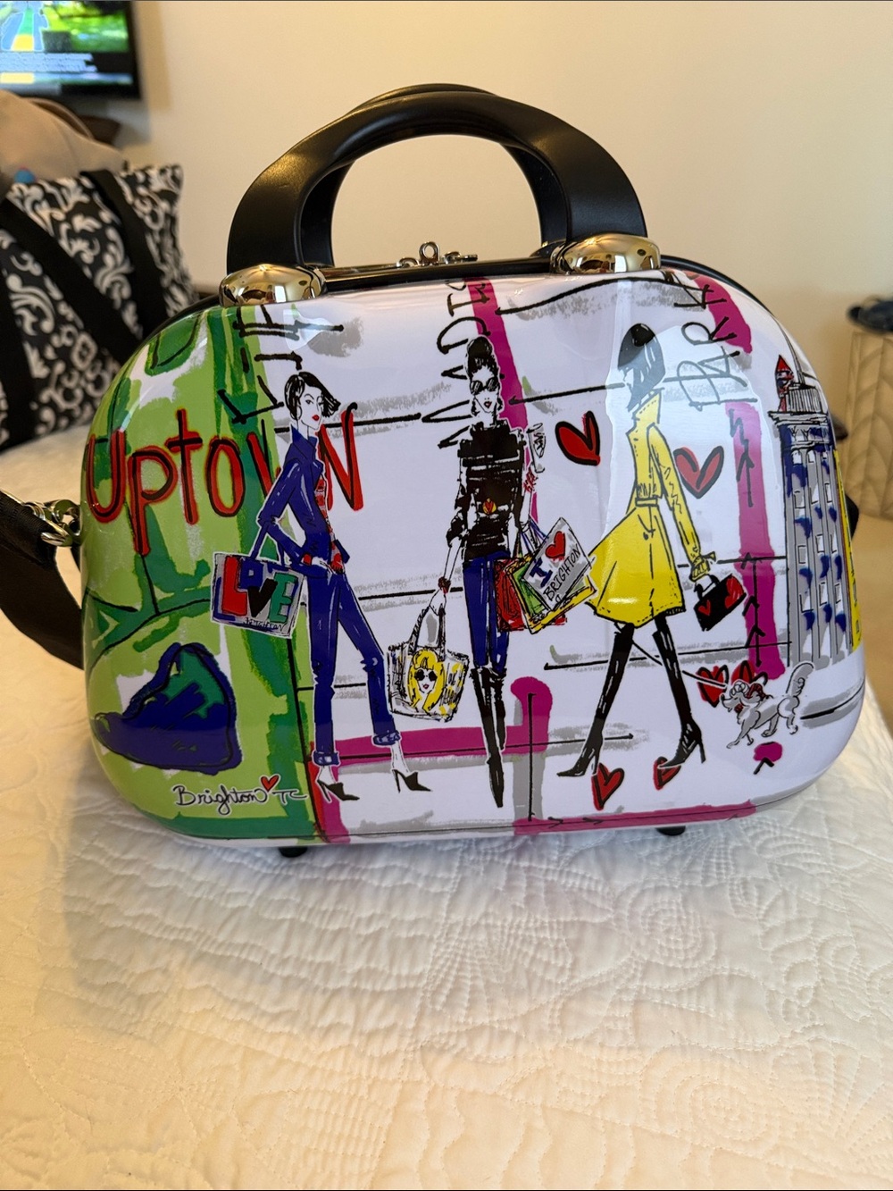 Brighton Mini Illustrated Dome Satchel in White Multi with Black Handle